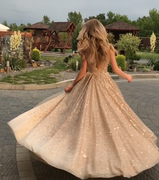 Sequin Dress Long  ,Sparkly Sequin Prom Dresses ,Open Back Light Gold Sequin Dresses