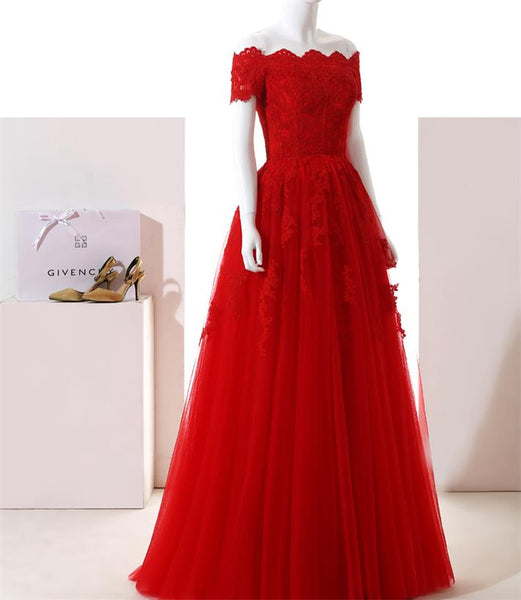 Off Shoulder Red Lace Prom/Evening Dress with Half Sleeve,Lace Up Evening Formal Dress with Lace Applique - FlosLuna