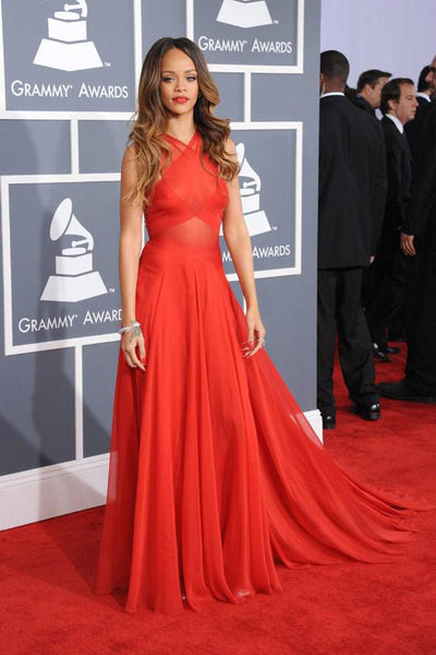 Rihanna Grammys Red Carpet Criss-cross Celebrity Evening Prom Dress,Red Chiffon Maxi Prom/Evening Dress - FlosLuna