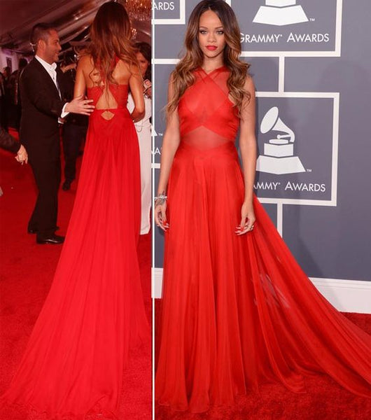 Rihanna Grammys Red Carpet Criss-cross Celebrity Evening Prom Dress,Red Chiffon Maxi Prom/Evening Dress - FlosLuna