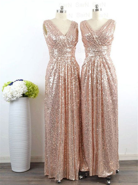 Rose Gold Prom Dress,Sequin Maxi Dress,Sequin Prom Evening Dress,V Neck Two Straps Prom Bridesmaid Dress,Sparkly Wedding Gown - FlosLuna