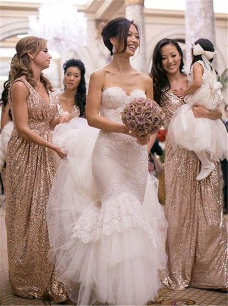 Rose Gold Prom Dress,Sequin Maxi Dress,Sequin Prom Evening Dress,V Neck Two Straps Prom Bridesmaid Dress,Sparkly Wedding Gown - FlosLuna