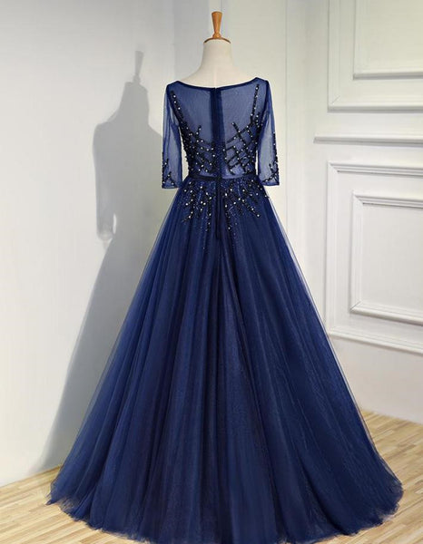 navy blue rhinestone prom dress Ball Gown Dark Navy Sweep Train Tulle Rhinestone Long Prom Dresses Demodresses