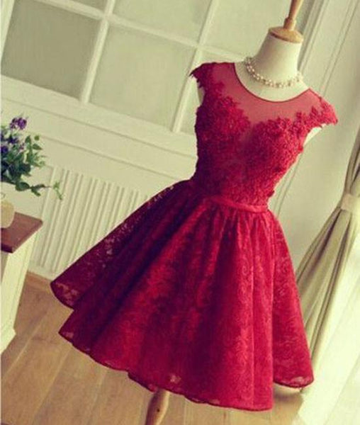 SIMPLE OPEN BACK ROUND NECK LACE SHORT RED PROM/HOMECOMING DRESS, SHORT LACE BRIDESMAID DRESS - FlosLuna