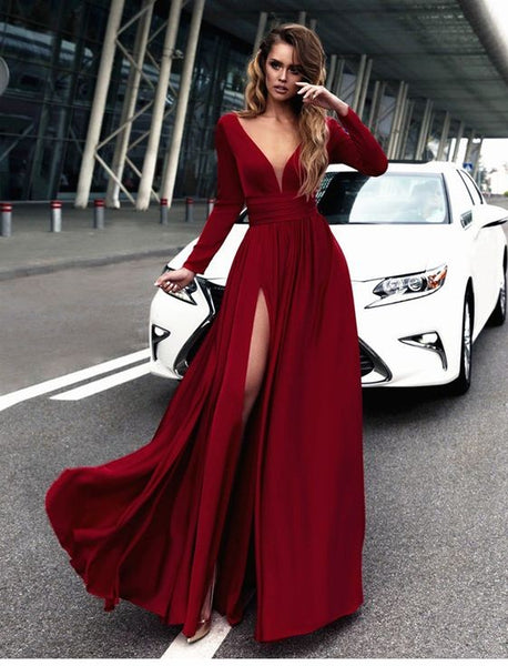 Sexy Red Prom Dress V-neck Long Sleeves Prom Dresses Chiffon Evening Dress Formal Dress - FlosLuna