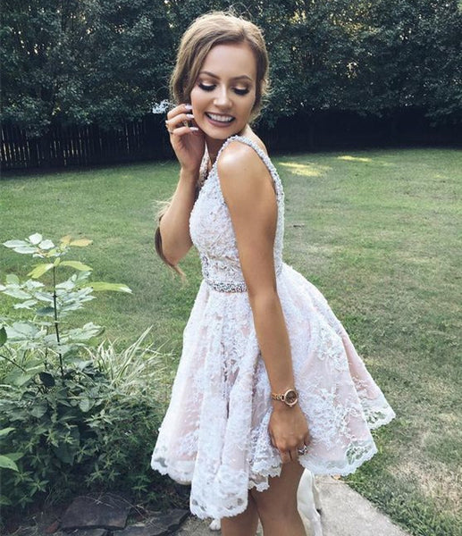Short V Neck Pearl Beaded Lace Prom Homecoming Dress,Inexpensive Lace Prom Homecoming Dress Online - FlosLuna