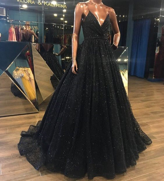 Latest Design V Neck Sparkly Long Black Prom/Evening Dress,Shiny Sequin Lace Prom Evening Gowns - FlosLuna