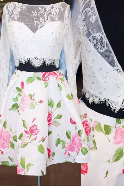Two-piece Bateau Long Sleeves Above-knee Floral Print Satin White Lace Homecoming Dress With Beading - FlosLuna