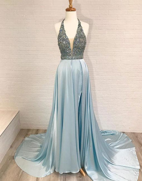 V neck Beaded Jeweled Blue Long Prom/Evening Dress | Flosluna FlosLuna V neck Beaded Jeweled Blue Long Prom/Evening Dress | Flosluna FlosLuna