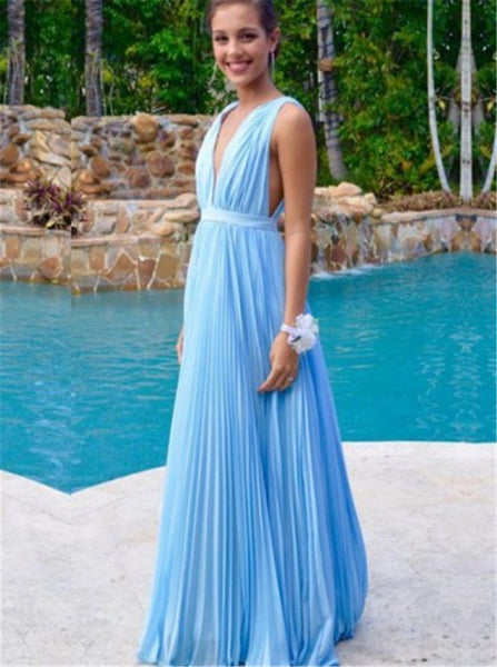 V neck Blue Prom Dress,Chiffon Long Prom Dress,Sexy Backless Prom Evening Dress,Sexy Prom Dress - FlosLuna