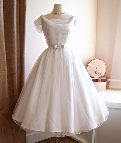 WHITE ROUND NECK TULLE RETRO SHORT PROM/WEDDING DRESS, BRIDESMAID DRESS - FlosLuna