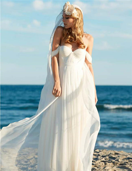 Charming White A-line Chiffon Long Prom Dress Off the Shoulder Beach Wedding Dress - FlosLuna