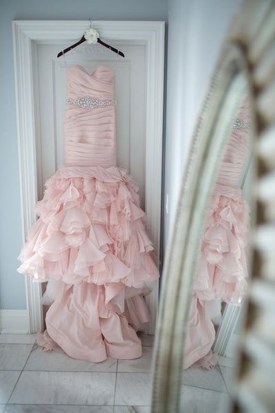 Sweetheart Mermaid Cheap Organza Beaded Waist Blush Wedding Dress Online - FlosLuna