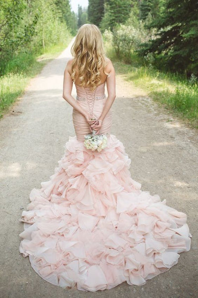 Sweetheart Mermaid Cheap Organza Beaded Waist Blush Wedding Dress Online - FlosLuna