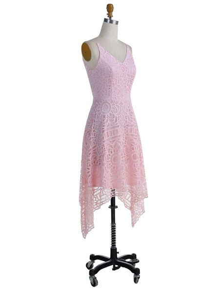 Elegant A-Line V-Neck Asymmetrical Pearl Pink Lace Bridesmaid/Prom/Homecoming Dress Blush Bridesmaid Dress Prom - FlosLuna