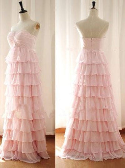 Blush Pink Prom Dress,Elegant Pink Layered Chiffon Evening Dress,Long Chiffon Pink Bridesmaid Dress - FlosLuna