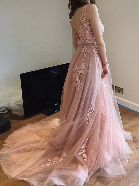 Round Neck Modest V Back Prom Evening Dress Lace Top Tulle Skirt Prom Formal Gowns for Party - FlosLuna