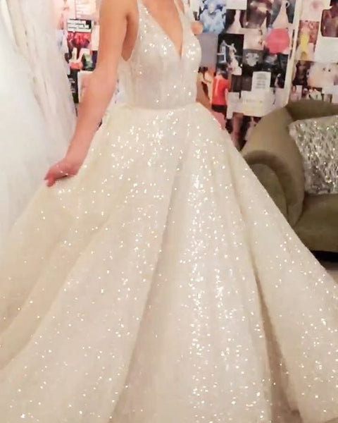 Deep V Neck White Sparkly Prom Dress & Gowns | Flosluna FlosLuna Deep V Neck White Sparkly Prom Dress & Gowns | Flosluna FlosLuna