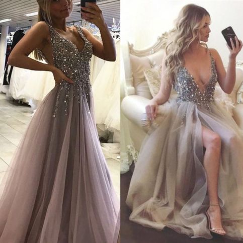 V-neck Dark Grey Rhinestone Beaded Tulle Prom Dresses, Popular Prom Dresses V-neck Dark Grey Rhinestone Beaded Tulle Prom Dresses, Popular Prom Dresses