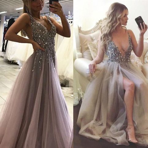 Long Tulle Grey Dress Prom Beaded Top Deep V neck Evening Gowns Sexy Jeweled Tulle Prom Dress - FlosLuna