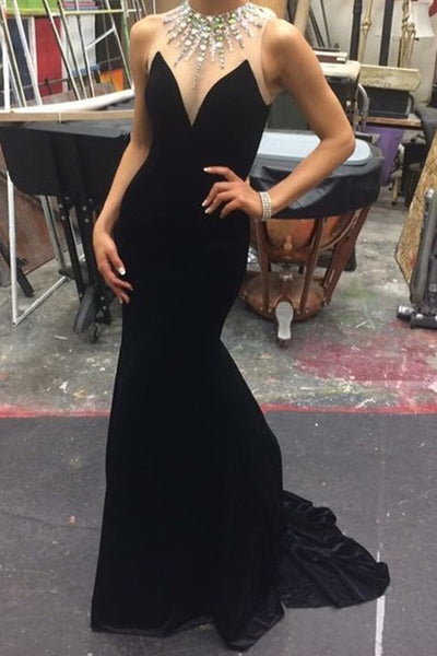 Fashion Mermaid Jewel Sleeveless Black Long Mermaid Prom/Evening Dress With Beading - FlosLuna