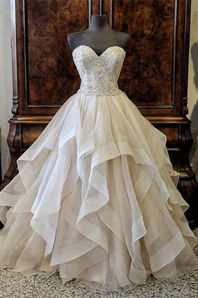 White organza sequins sweetheart tired prom dresses,ball gown luxurious wedding dresses - FlosLuna
