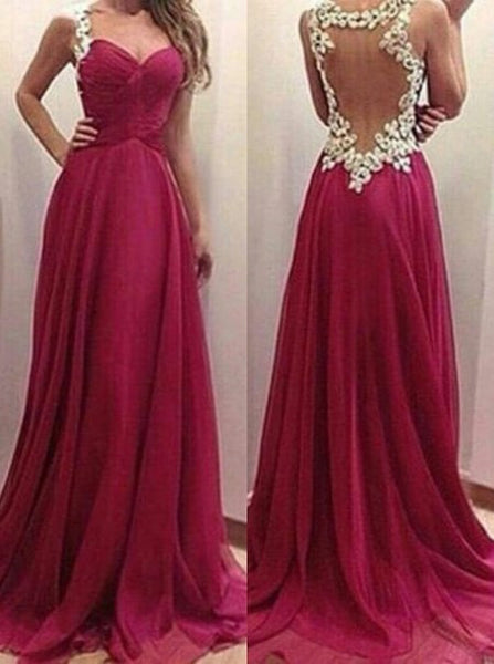 Elegant A-Line Sweetheart Floor Length Burgundy Chiffon Evening/Prom Dress Straps Burgundy Lace Bridesmaid Dress Backless Prom Dress 2018 - FlosLuna