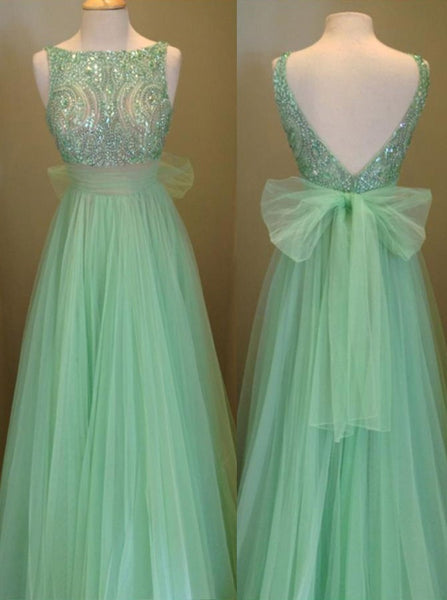 Mint Beaded Prom Dress Tulle Low Back Evening Gowns Sparkly Formal Party Dress Tulle Skirt Bridesmaid - FlosLuna