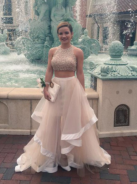 Two Pieces Beaded Top Tulle Bottom Prom Dress, Crop Top Champagne Prom Dress | Flosluna FlosLuna Two Pieces Beaded Top Tulle Bottom Prom Dress, Crop Top Champagne Prom Dress | Flosluna FlosLuna
