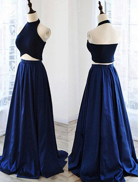 Two Pieces Long Satin Prom Dress,Formal Black And Royal Blue Evening Gowns,Fashion Bridesmaid Dress - FlosLuna