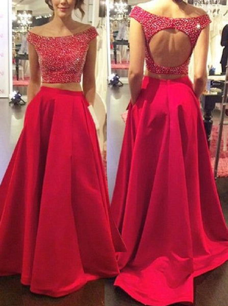 Two Pieces Red Backless Prom Dress Long Satin Evening Dress Off Shoulder Formal Party Dress with Pocket - FlosLuna