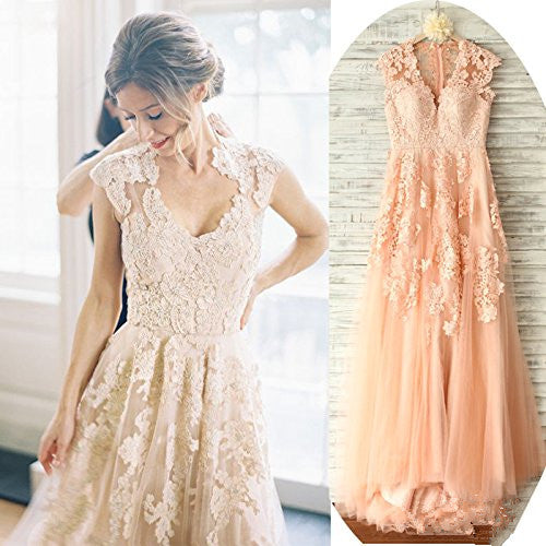 Vintage Lace V Neck Cap Sleeve Blush Wedding Gowns,Blush Lace Prom Dress - FlosLuna