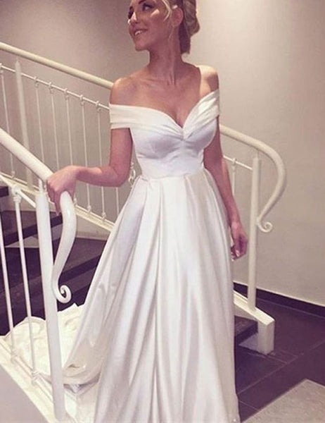 Elegant V-neck Cap Sleeves Satin Wedding Dress Bride Gown,wedding dresses,White Satin Off Shoulder Prom/Evening Dress - FlosLuna