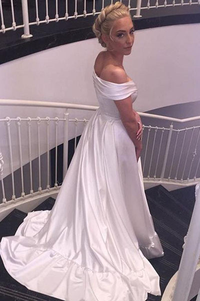 Elegant V-neck Cap Sleeves Satin Wedding Dress Bride Gown,wedding dresses,White Satin Off Shoulder Prom/Evening Dress - FlosLuna